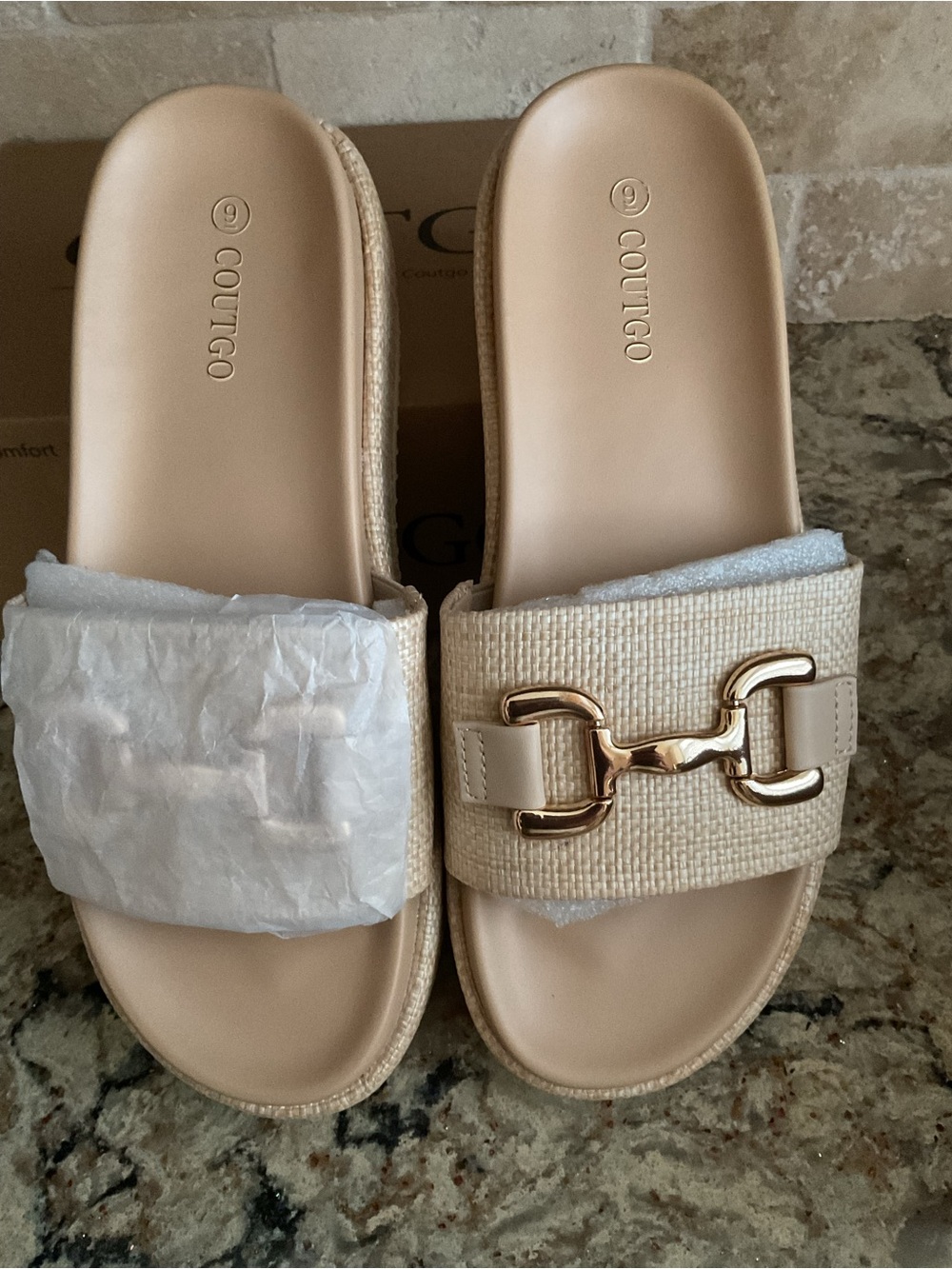 Coutico Beige Espadrille Slide Mules with Gold Buckle NEW